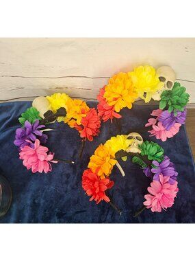 Rainbow Skull Floral Headband Artificial Flowers Day Of The Dead‎ Halloween